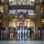 The U.S. Marine Corps Color Guard marches in the rotunda of Roosevelt Hall for the National Defense University’s Marine Corps Birthday Ball at Fort McNair, Washington D.C., Nov. 2, 2017. The Barracks supports Marine Corps Birthday ceremonies throughout the National Capitol Region to honor and celebrate the birth of the Corps.